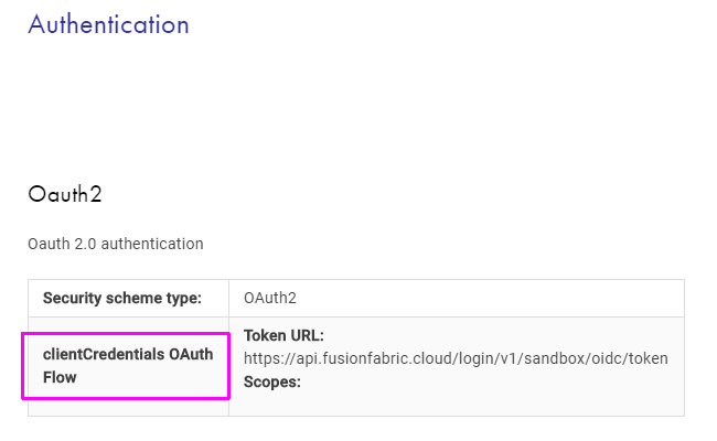 The specification of the Client Credentials grant flow in the API documentation