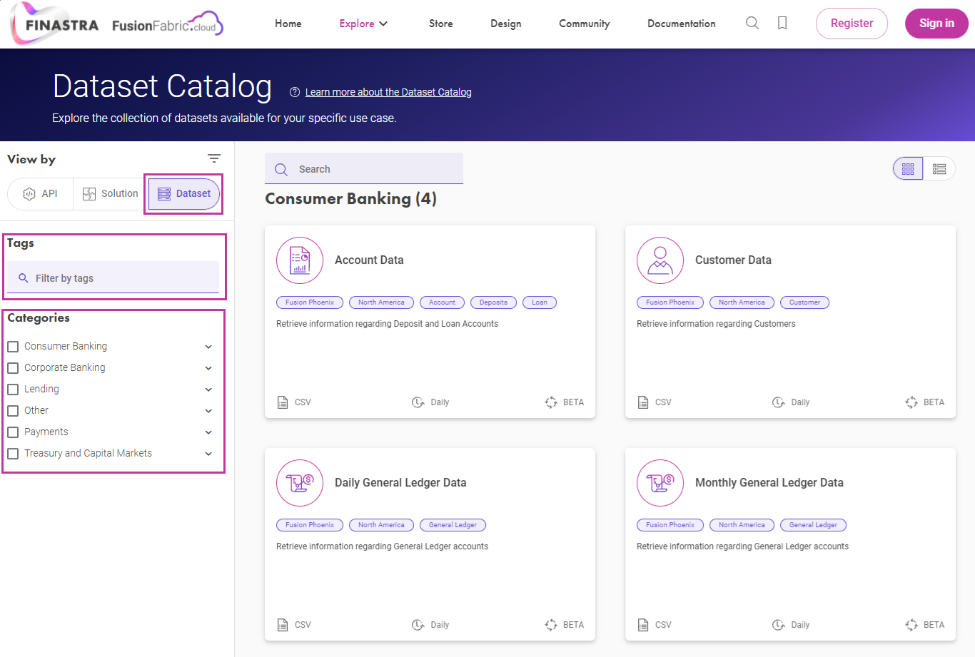 Filter the datasets in the Dataset Catalog.